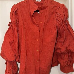 Puff-Sleeve Button-Front Blouse in Rust Orange